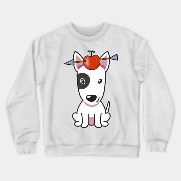 Funny Bull terrier is playing william tell with an apple and arrow Crewneck Sweatshirt by Pet Station